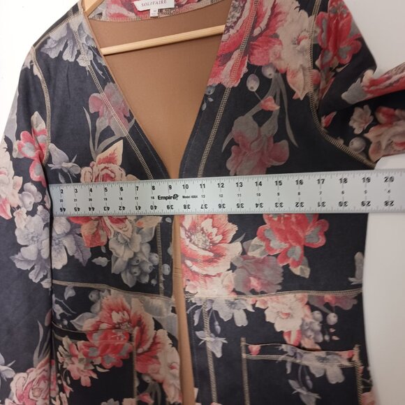 Solitaire, Anthropologie, Faux Suede Open Long Jacket, Gray/Brown w/ Floral, MED - Picture 11 of 16